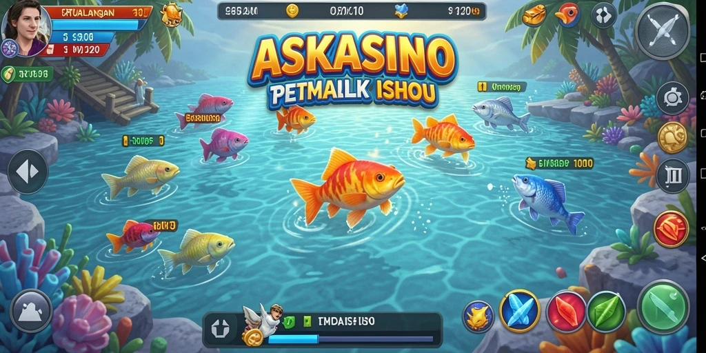 Screenshot utama menunjukkan aksi seru menembak ikan di ASKASINO.