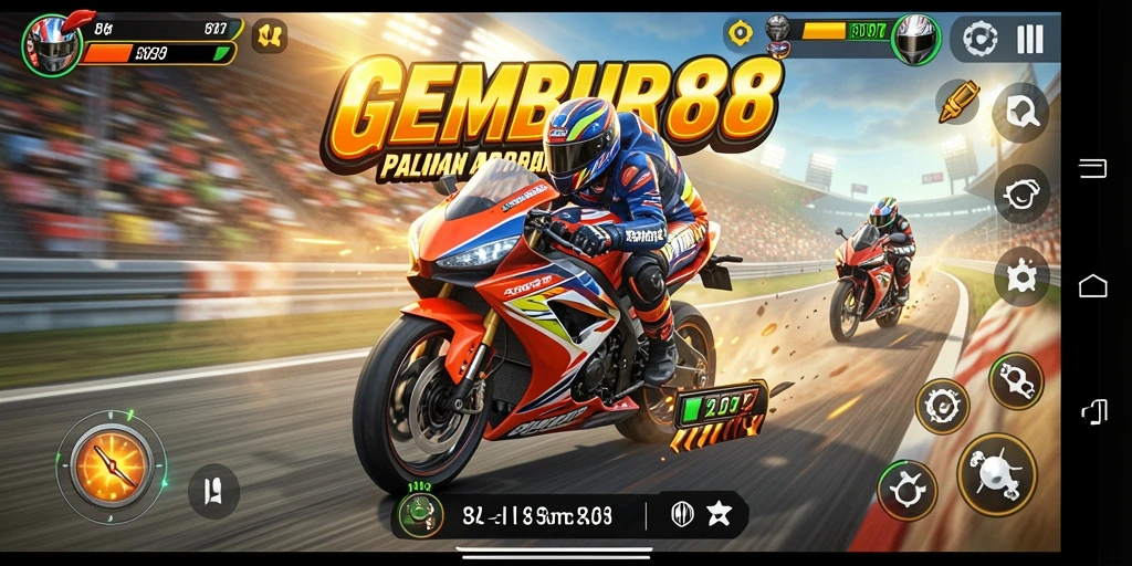 Tangkapan layar gameplay GEMBUR88 yang mendebarkan dan penuh aksi balapan motor.