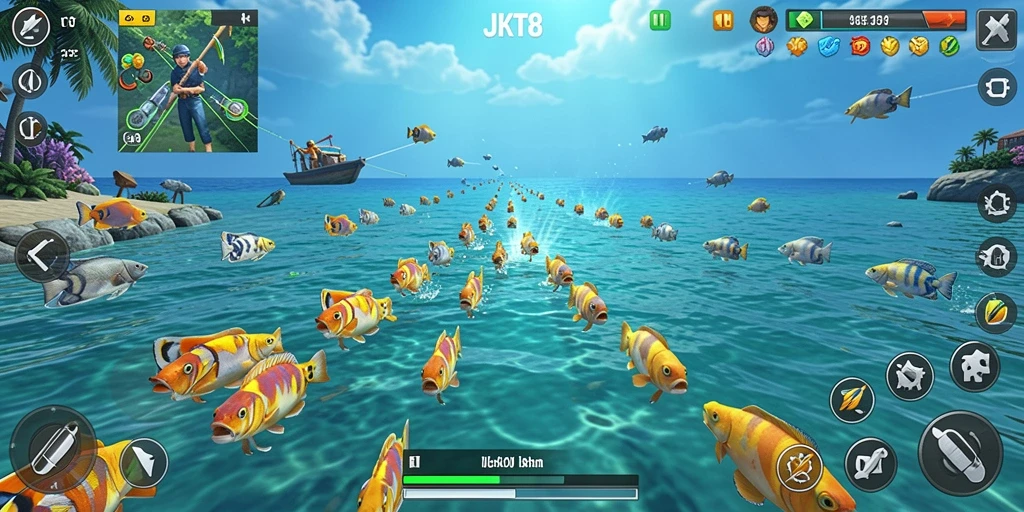 Tampilan gameplay seru di JKT8 dengan aksi menembak ikan.