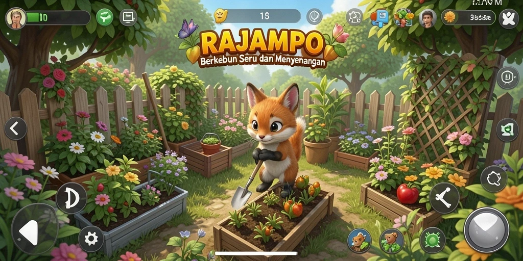 Gameplay RAJAMPO dengan berbagai tanaman dan hewan yang menggemaskan.