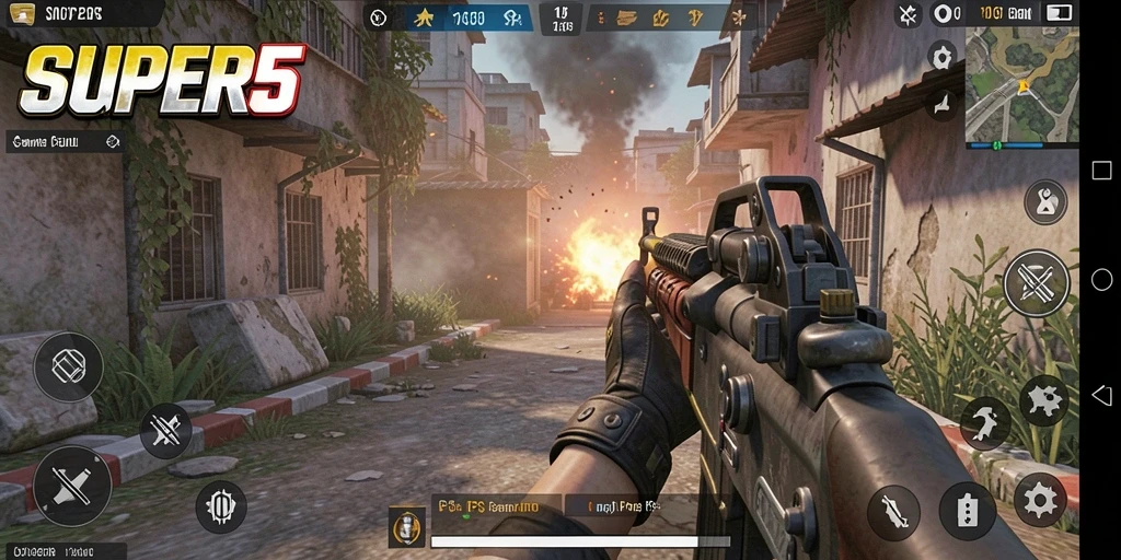 Tangkapan layar gameplay <strong>SUPER5</strong> menampilkan aksi menembak yang intens dan grafis luar biasa.